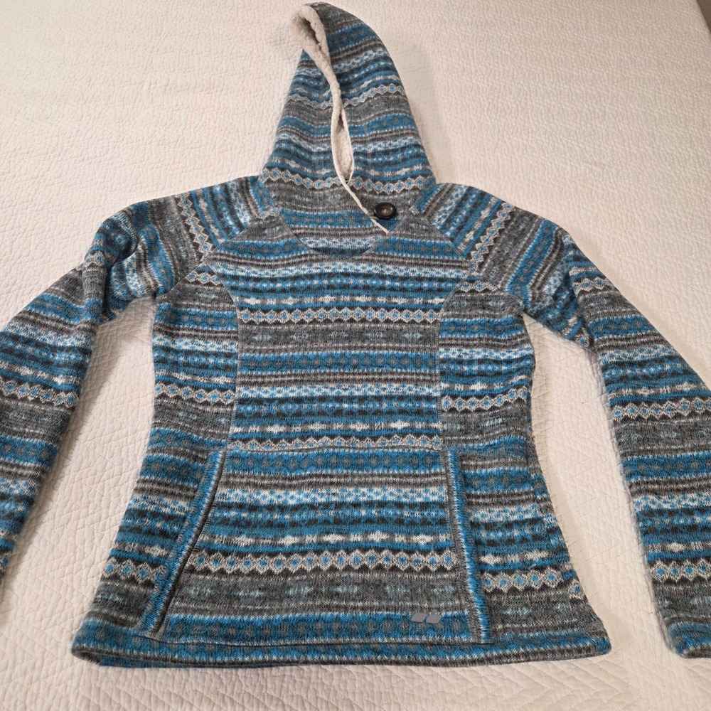 Koppen Blue Gray Fair Isle Sherpa Lined Hooded Sweater Womens Medium Button Neck